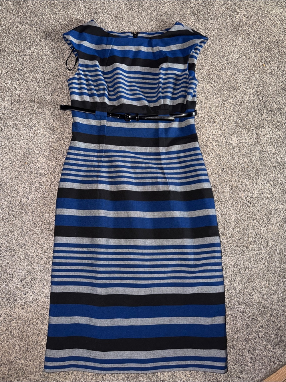 Calvin Klein Blue & Black Striped Sleeveless Midi Dress with Belt